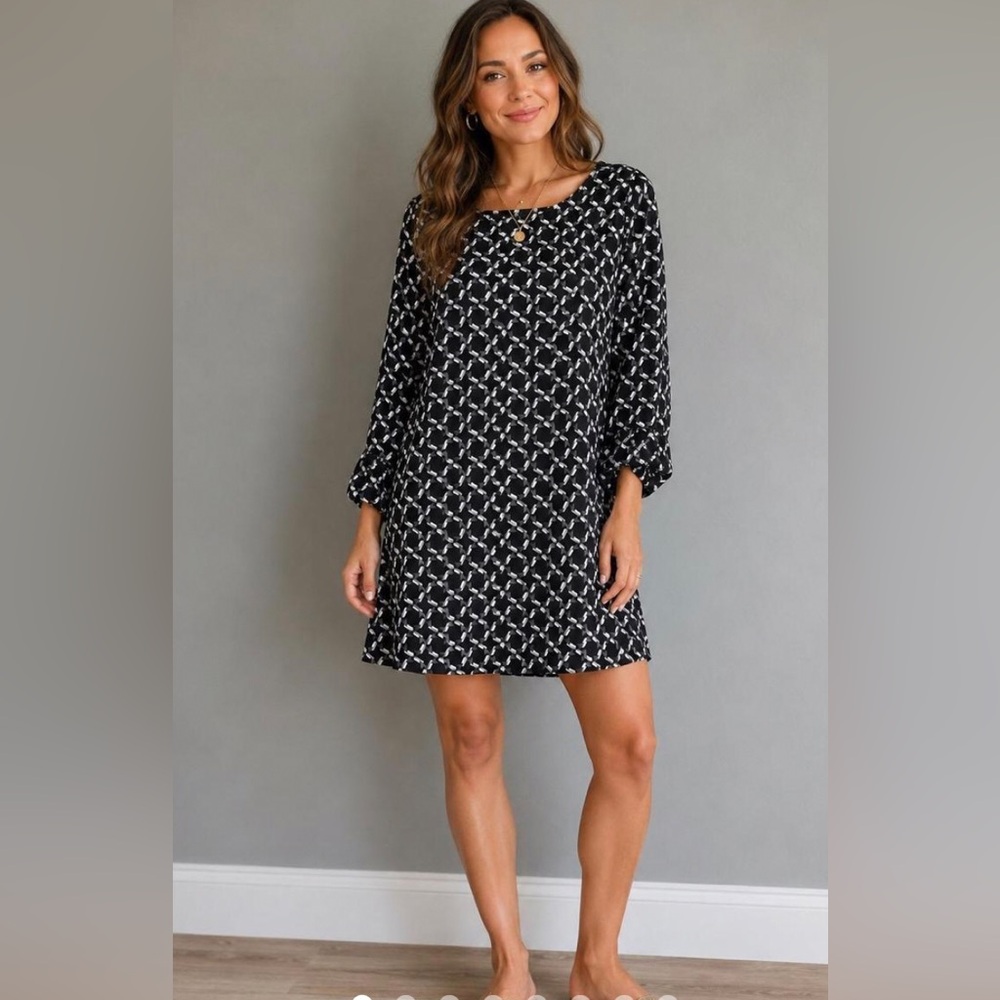 Laundry by Shelli Segal Puff Elastic Slvs Blck& Wht Geom Print Lined Shift Dress